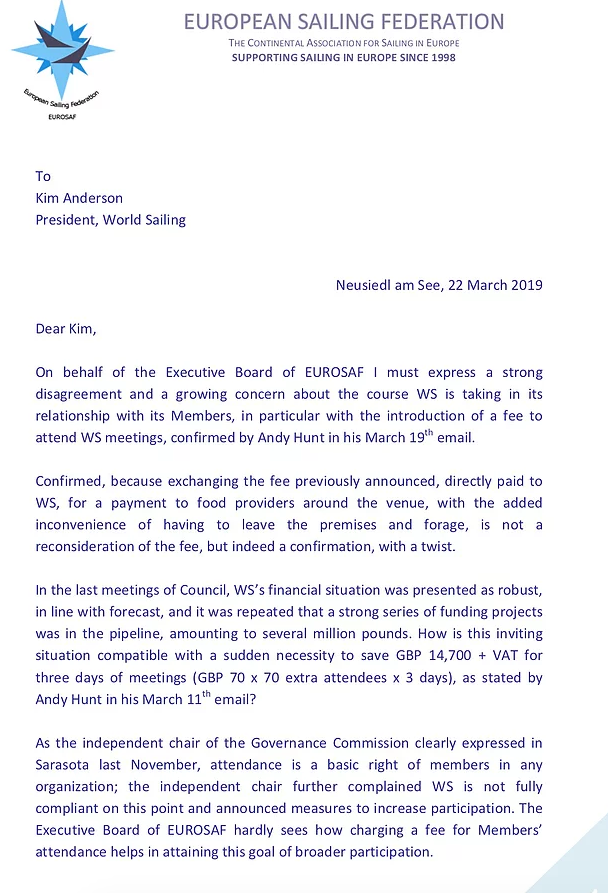 La caustica lettera dell’Eurosaf al presidente di World Sailing, contestate le scelte di Andy Hunt